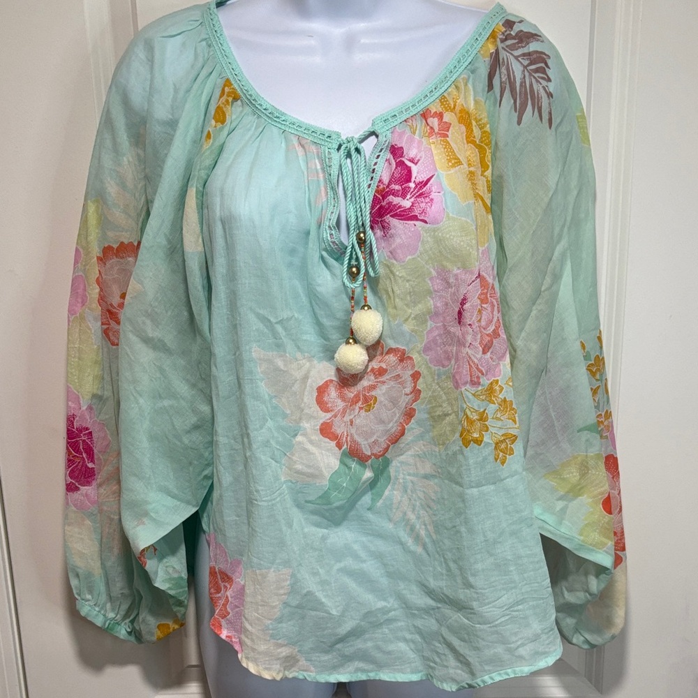 FARM Rio Mint Floral Blouse with Pom Pom Accents